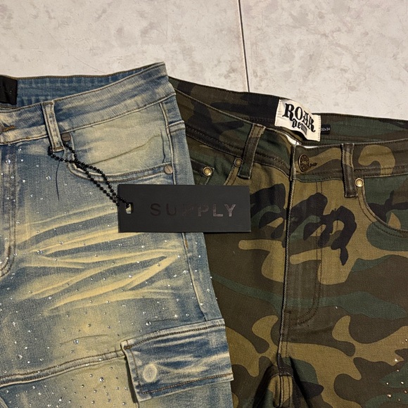 Men's Camouflage and Distressed Cargo Studded Jeans Set Flair Bottoms - Picture 2 of 4